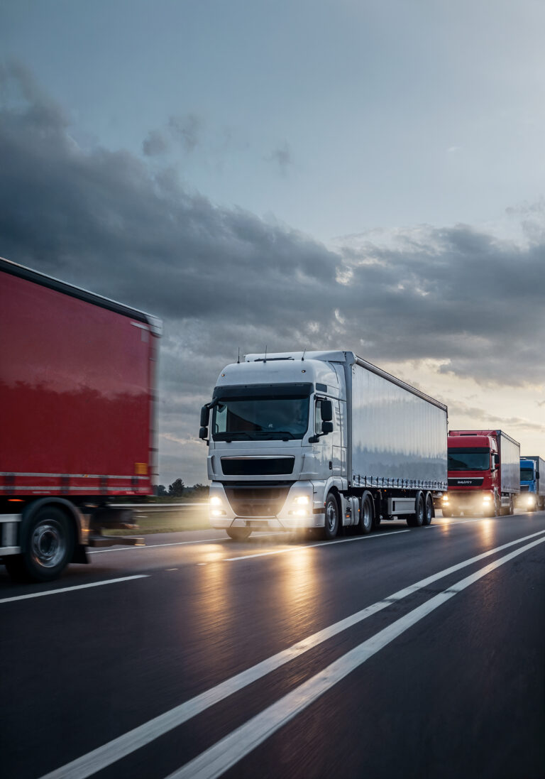 Fleet of long-haul transport trucks driving on the highway during sunset, representing reliable and efficient road transportation services by L-Trans Cargo Movers across India.