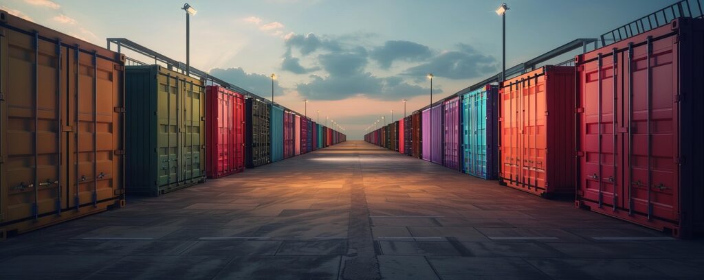 Organised warehouse container yard with lined freight storage units under industrial lighting.