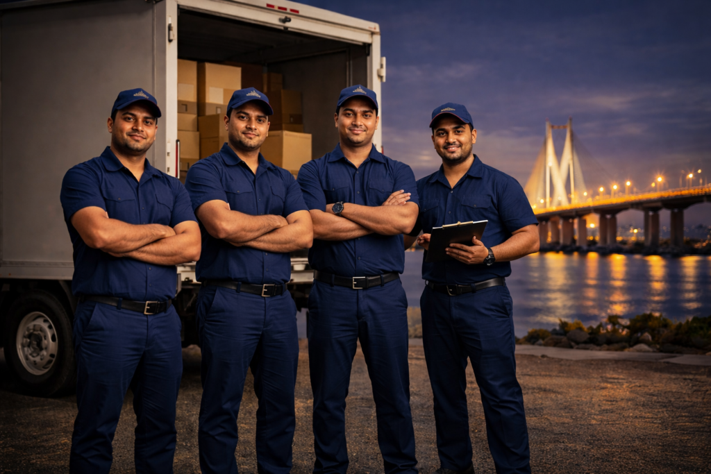 Professional Indian packers and movers team in Worli Mumbai with moving truck and city skyline